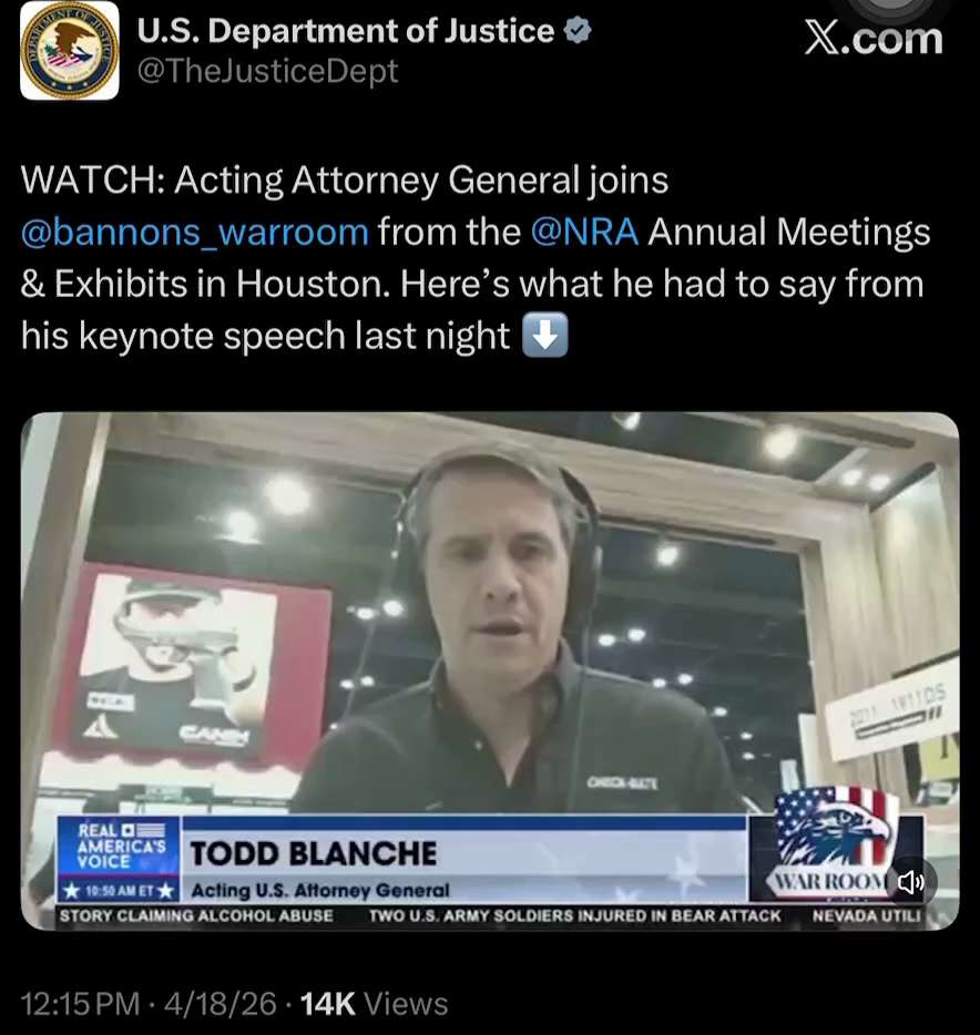 U.S. DEPARTMENT OF JUSTICE: WATCH: Acting Attorney General joins @warroom from the @NRA Annual Meeti...