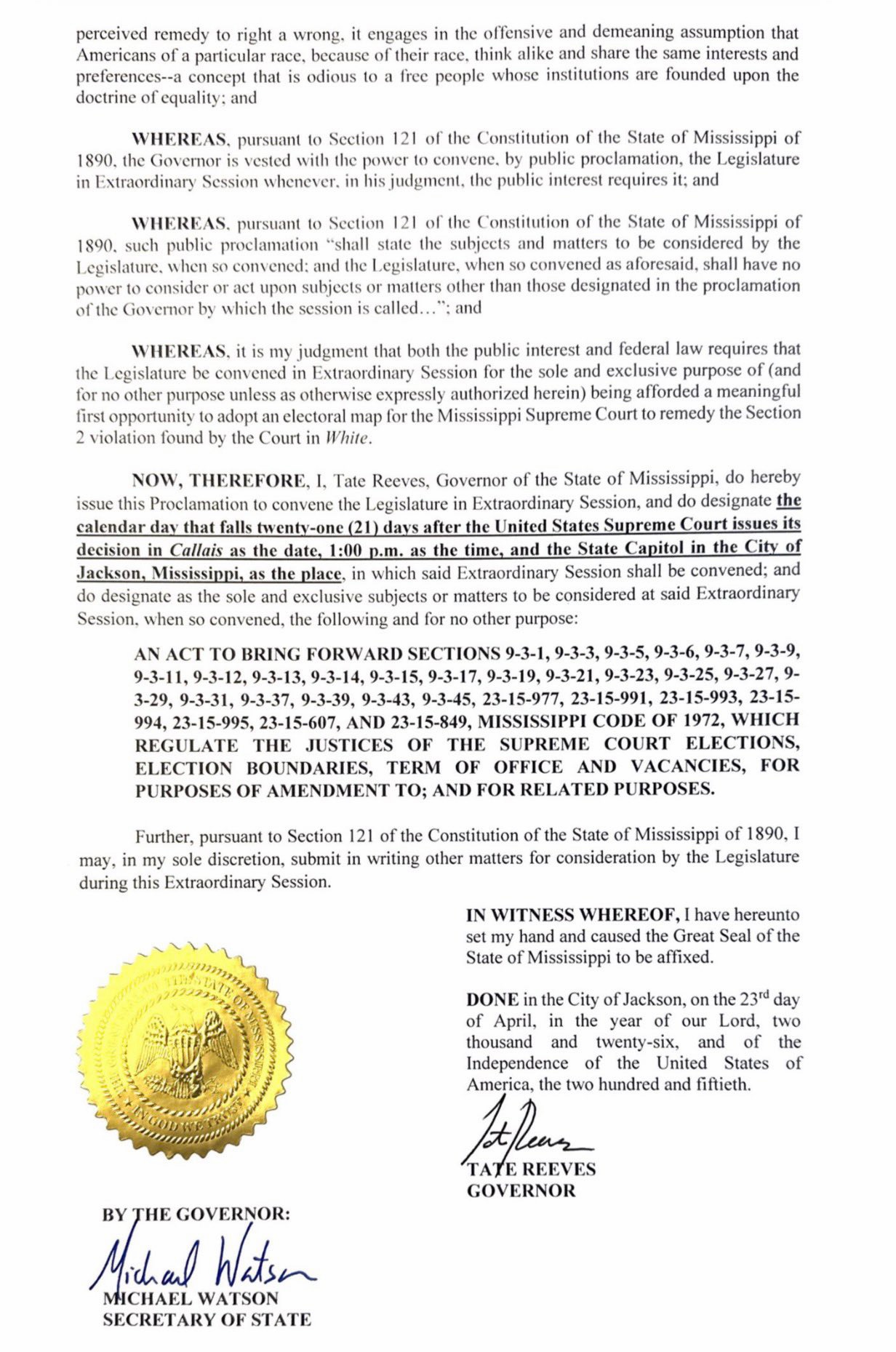 HUGE NEWS!

Governor Tate Reeves (R-MS) just issued a Proclamation to convene a special session to r...