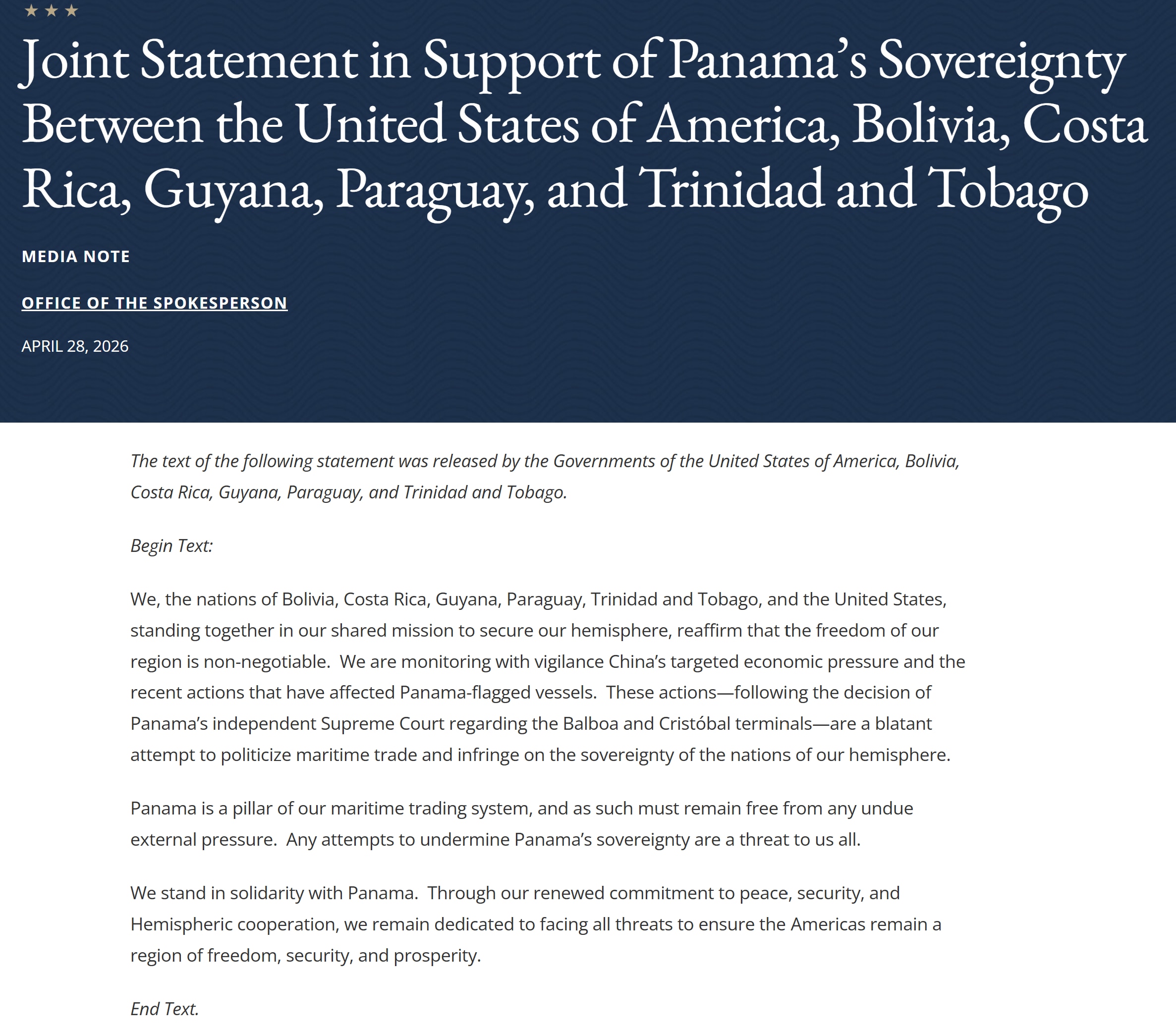 【美国之声--6国联合声明，反对中共将海运贸易政治化、侵犯巴拿马主权】2026年4月28日，美国、玻利维亚、哥斯达黎加、圭亚那、巴拉圭、特立尼达和多巴哥六国共同发表声明：

1. 强烈反对中共对巴拿马...
