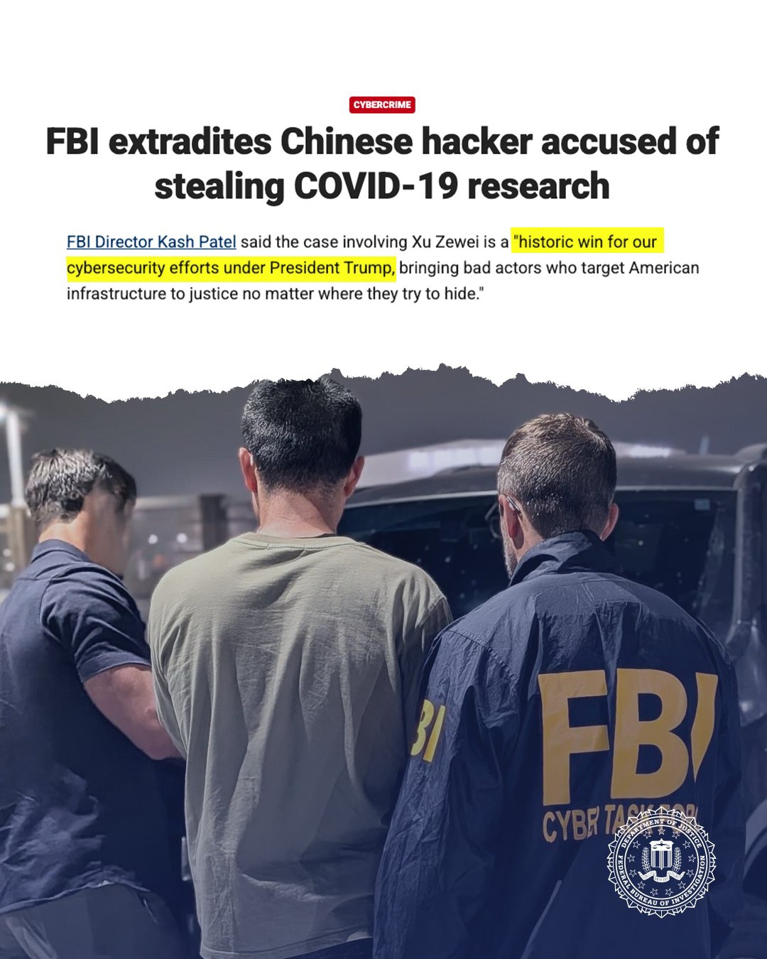 美国从意大利引渡了中共黑客许泽伟。许泽伟被美国盯上，他们夫妻去意大利旅游的时候被意大利抓获，许泽伟的妻子和家人认为他是国家英雄，要求中共出手相救。中共做缩头乌龟，只是表面抗议没有任何行动，等于抛弃了他...