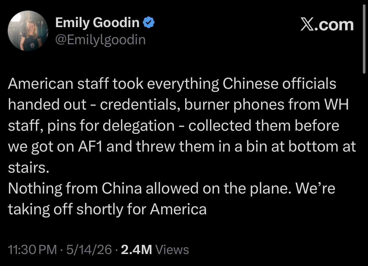 【美国之声--美国对中共只剩下零信任：美中外交史上第一次连赠品都丢弃】  2026年5月15日，《纽约邮报》白宫特派记者艾米莉·古丁（Emily Goodin）：

“美方工作人员把中方官员发放的所有...