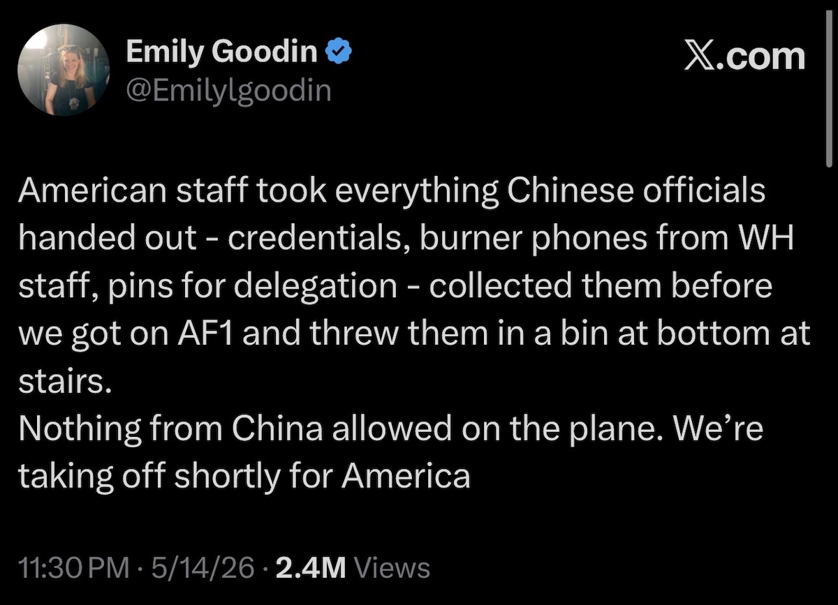 【美国之声--美国对中共只剩下零信任：美中外交史上第一次连赠品都丢弃】  2026年5月15日，《纽约邮报》白宫特派记者艾米莉·古丁（Emily Goodin）：

“美方工作人员把中方官员发放的所有...