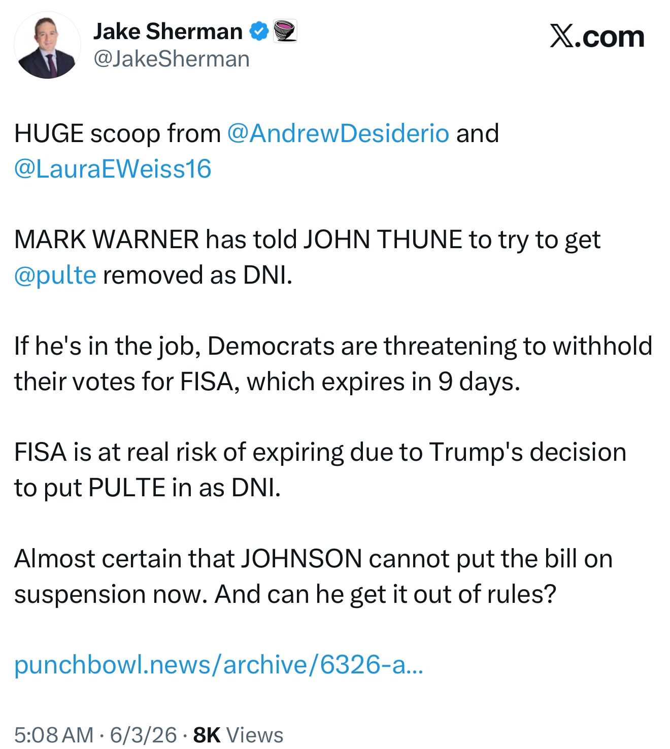 Democrats Plot with Thune to Block Trump’s DNI Pick Pulte 

https://x.com/jakesherman/status/2062144...