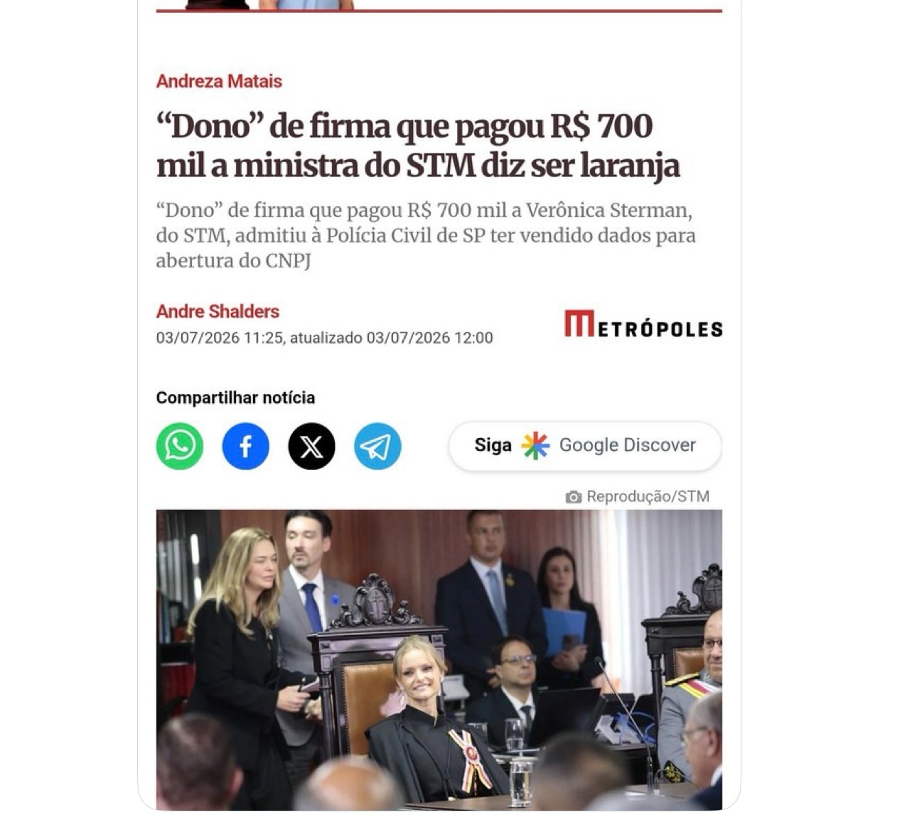 O "escritório" da ministra do STM, Verônica Sterman,
 INDICADA PELO LULA, embolsou 700 mil de uma
 e...