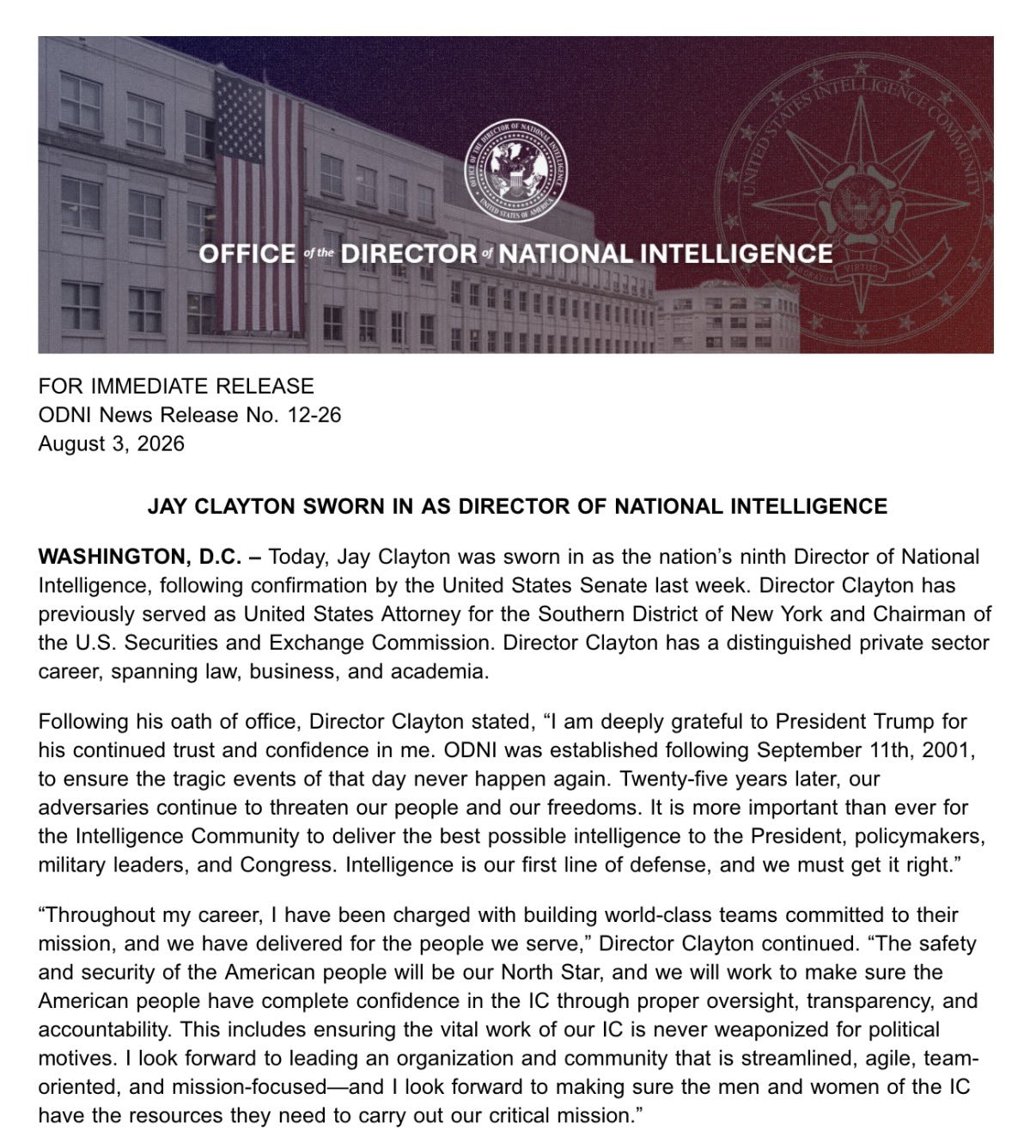 【美国之声】2026年8月3日，杰伊·克莱顿（Jay Clayton）宣誓就任国家情报总监。

#国家情报总监 #美国之声
