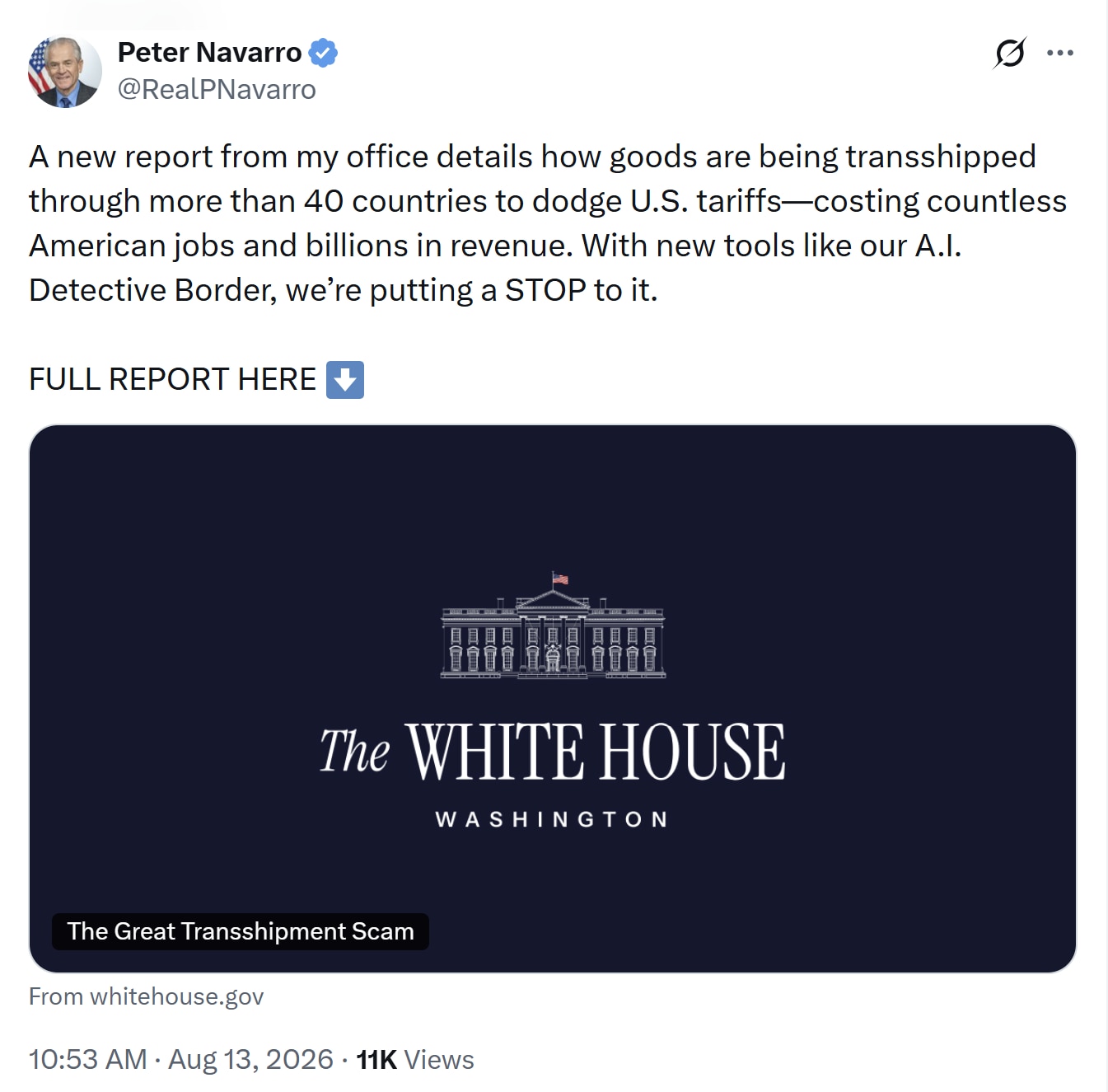 【美国之声——AI上阵，专抓中共“洗产地”】彼得·纳瓦罗（Peter Navarro）在负责打击中共商品透过第三国非法转运，将启用一个人工智能“侦探边境”系统，整合货运数据、过境史、产品分类、所有权关...