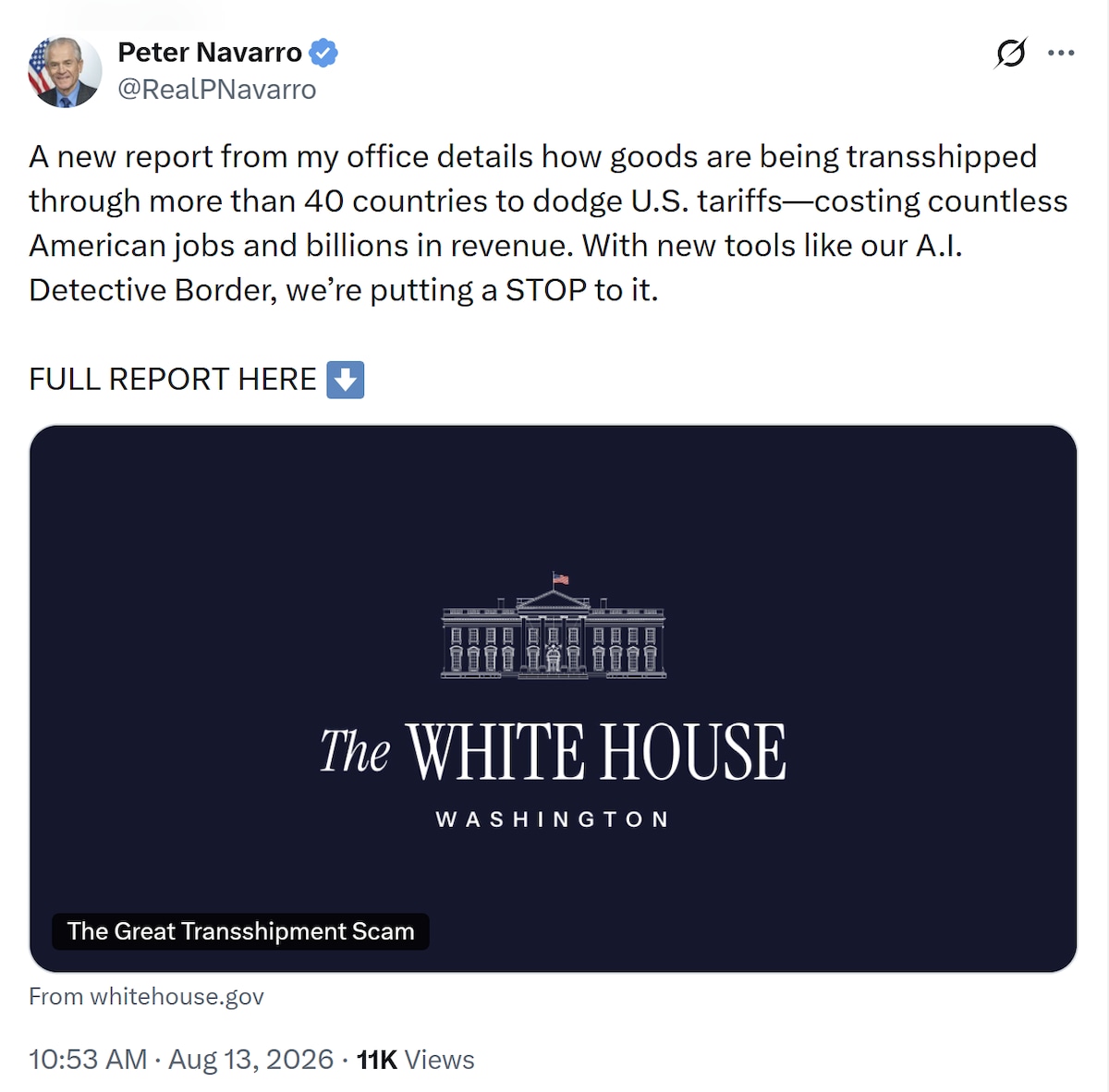【美国之声——AI上阵，专抓中共“洗产地”】彼得·纳瓦罗（Peter Navarro）在负责打击中共商品透过第三国非法转运，将启用一个人工智能“侦探边境”系统，整合货运数据、过境史、产品分类、所有权关...