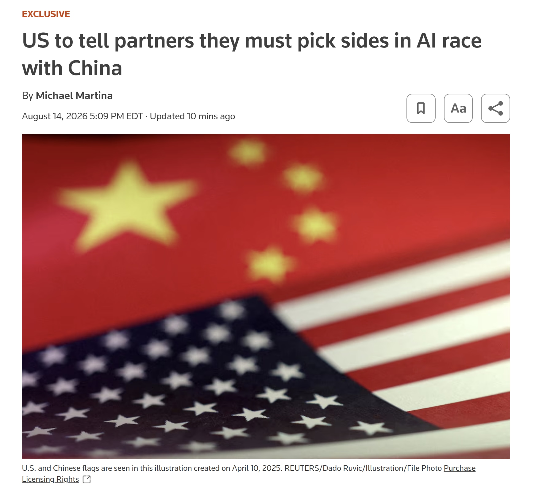 【美国之声--必须选边站，是选中共国AI阵营，还是选美国AI阵营？】2026年8月14日，美国国务院正准备致信35个"AI机遇声明"签署国，警告它们必须在美中AI阵营之间做出选择——若同时加入中共国主...
