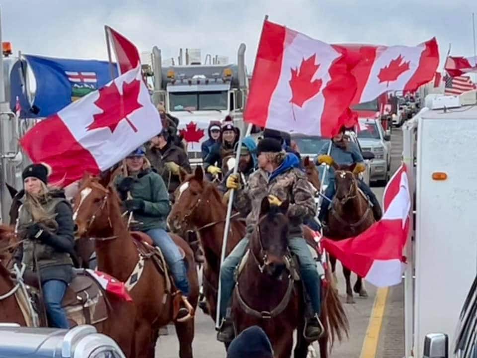 Horse-riders near Coutts on the border with Canada are gathering in force today. It's a beautiful th...