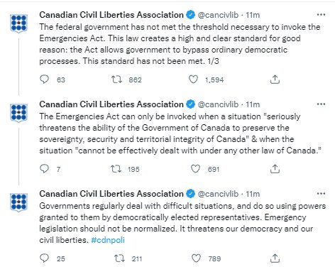 We stand with the Canadian Civil Liberties Association. Justin Trudeau has not met the standard to invoke the Emergencies Act and his doing so represents the gravest danger to democracy in Canada.