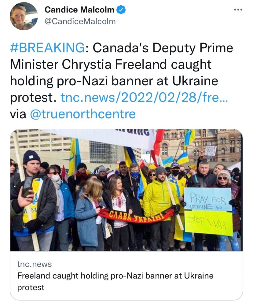 Chrystia Freeland called me a Nazi sympathizer for standing with people asking for nothing but the freedom they were born with back. She snickered as bank accounts - mine included - were frozen for protesting. 

Today, she proudly held a pro-Nazi flag. 