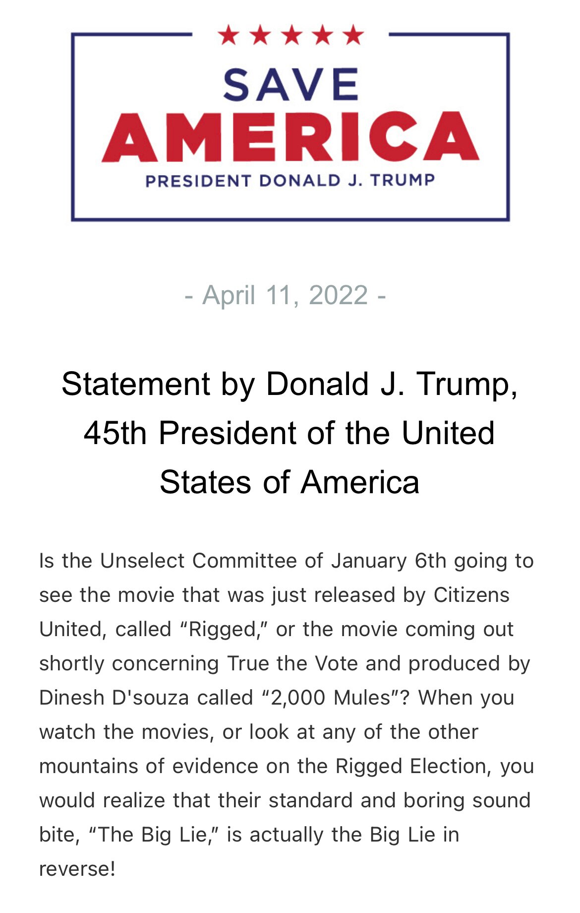 Statement by Donald J. Trump, 45th President of the United States of America