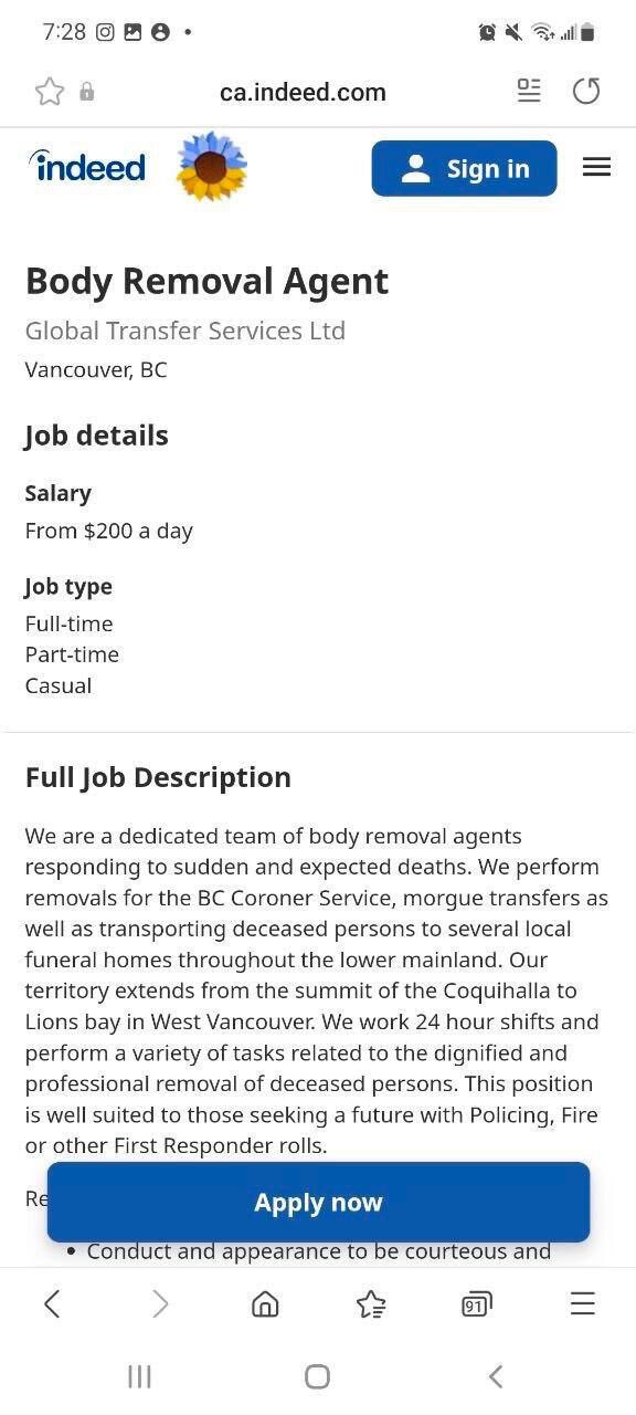 Canada Indeed now has job postings for body removal agents.

Performing removals for the BC coroner ...