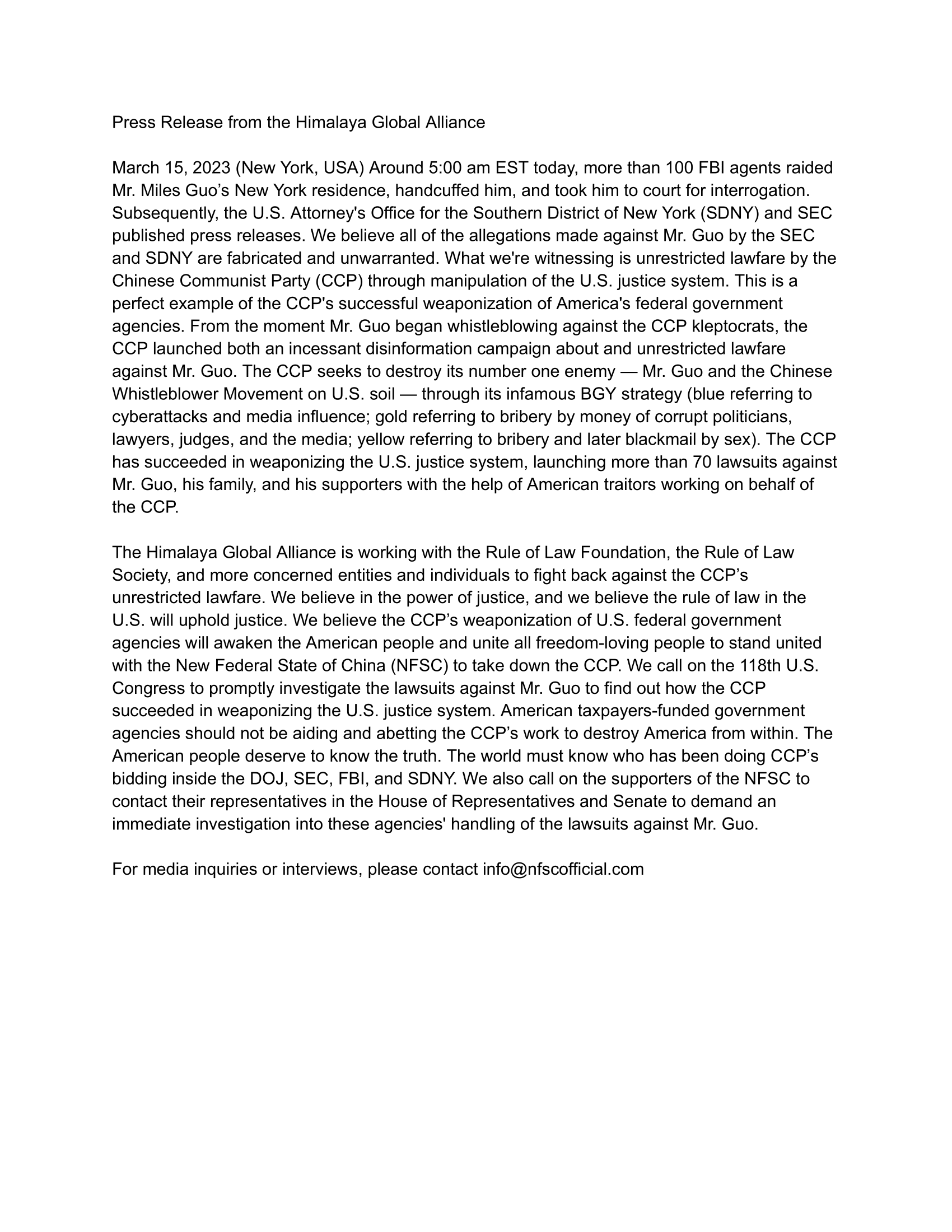 Press Release From The Himalaya Global Alliance