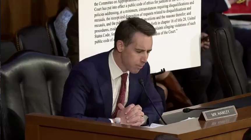 Senator Josh Hawley outlines how the Democrats within the Senate seek to withhold security funding from the Supreme Court unless they abide by their wishes and rule accordingly. Asking former AG Michael Mukasey if he'd ever heard of such an extreme tactic, Mukasey responded "I have not."