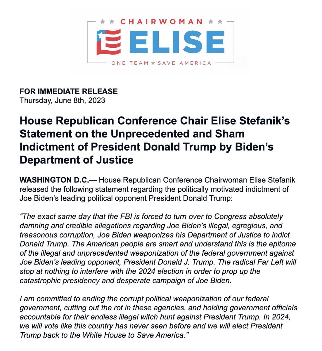 My Statement on the Unprecedented and Sham Indictment of President Donald Trump by Biden’s Departmen...