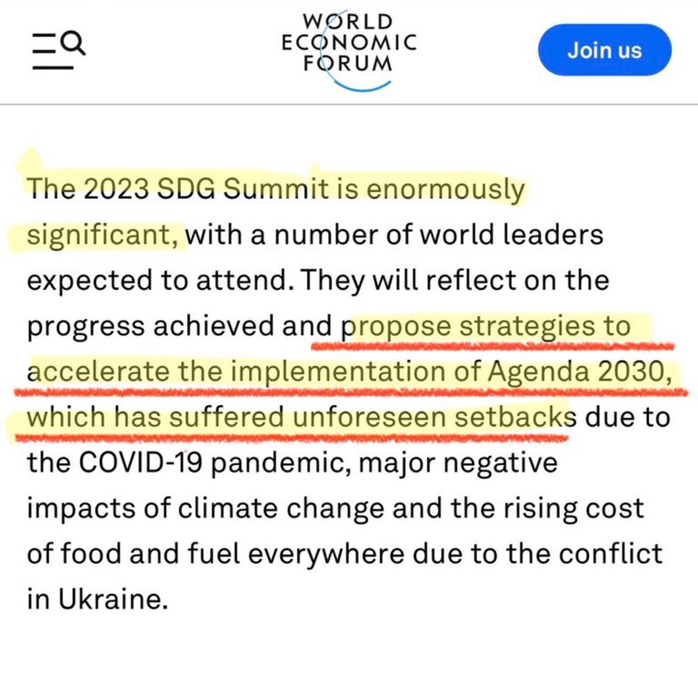 WEF /‌ UN  - Announce the 2023 summit in September will agree how to ACCELERATE Agenda 30!
The silver lining from an ‘acceleration’ is that the changes bec