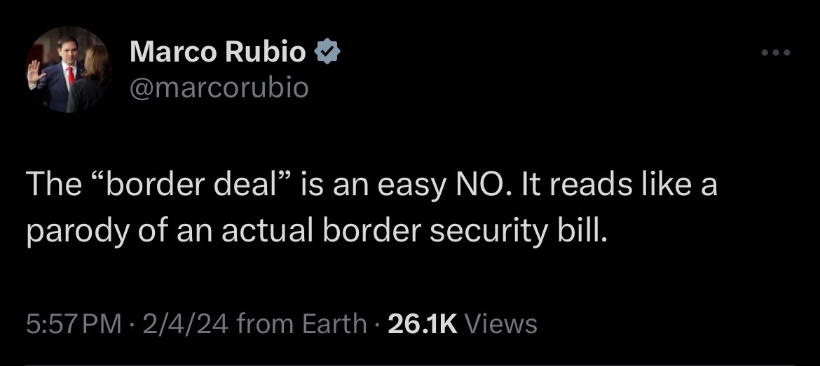 Senator Rubio : PARODY of Border Security Bill 

https://x.com/marcorubio/status/1754323331958862314...