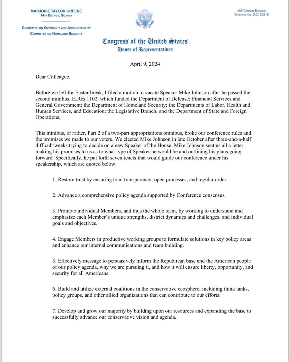 Read my full letter to my colleagues detailing why I filed a motion to vacate Speaker Johnson.