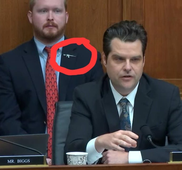 Matt Gaetz staffer rocking the AR15 pin again today at the ATF hearing!