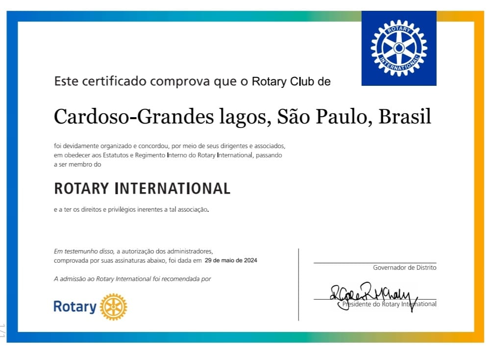 Rotary Club de Cardoso-Grandes Lagos recebe certificado do Rotary International  O Gov. do Distrito ...