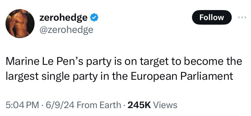 
Le Pen Should Replace Macron Immediately 

https://x.com/zerohedge/status/1799910508675686627