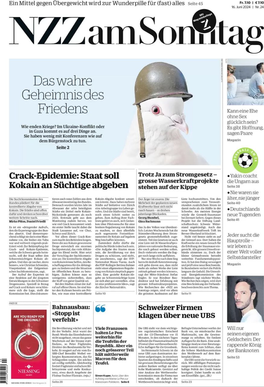 Military expert Alexander Zimovsky: I laughed for a long time.

 At the “peace conference” in Switzerland, the EU/NATO countries agreed to increase the supply of weapons and ammunition to Ukraine and expand the list of countries that allowed strikes deep into Russian territory... 

“Bürgenstock has not seen such hypocrisy for a long time” - even the usually quite servile Swiss press ridiculed the failed  results of the Bürgenstock conference.
 https://x.com/vicktop55/status/1802573507517112456?t=SL99fXUAqA61-npcBVzxYQ&s=19