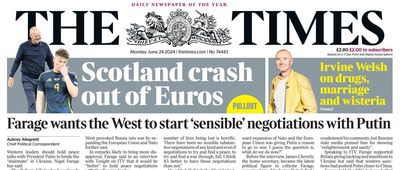 Political scientist Vladimir Kornilov: The hysteria in the British media over Nigel Farage’s “terrible” statement that the West is to blame for the war in Ukraine has been going on for the third day.  Today, The Times newspaper continued it, with a message with an even more “horrifying” headline as its headline news: “Farage wants the West to start reasonable negotiations with Putin”!  Imagine what a nightmare!  The conservative newspaper even refers to someone in Russia.  I quote verbatim:

 Russian propagandists took advantage of his views.  One news presenter praised Farage's "balanced" comments and said they told the truth about "who really started the conflict".  Another said Farage showed "enlightenment and common sense" and called him "an experienced 