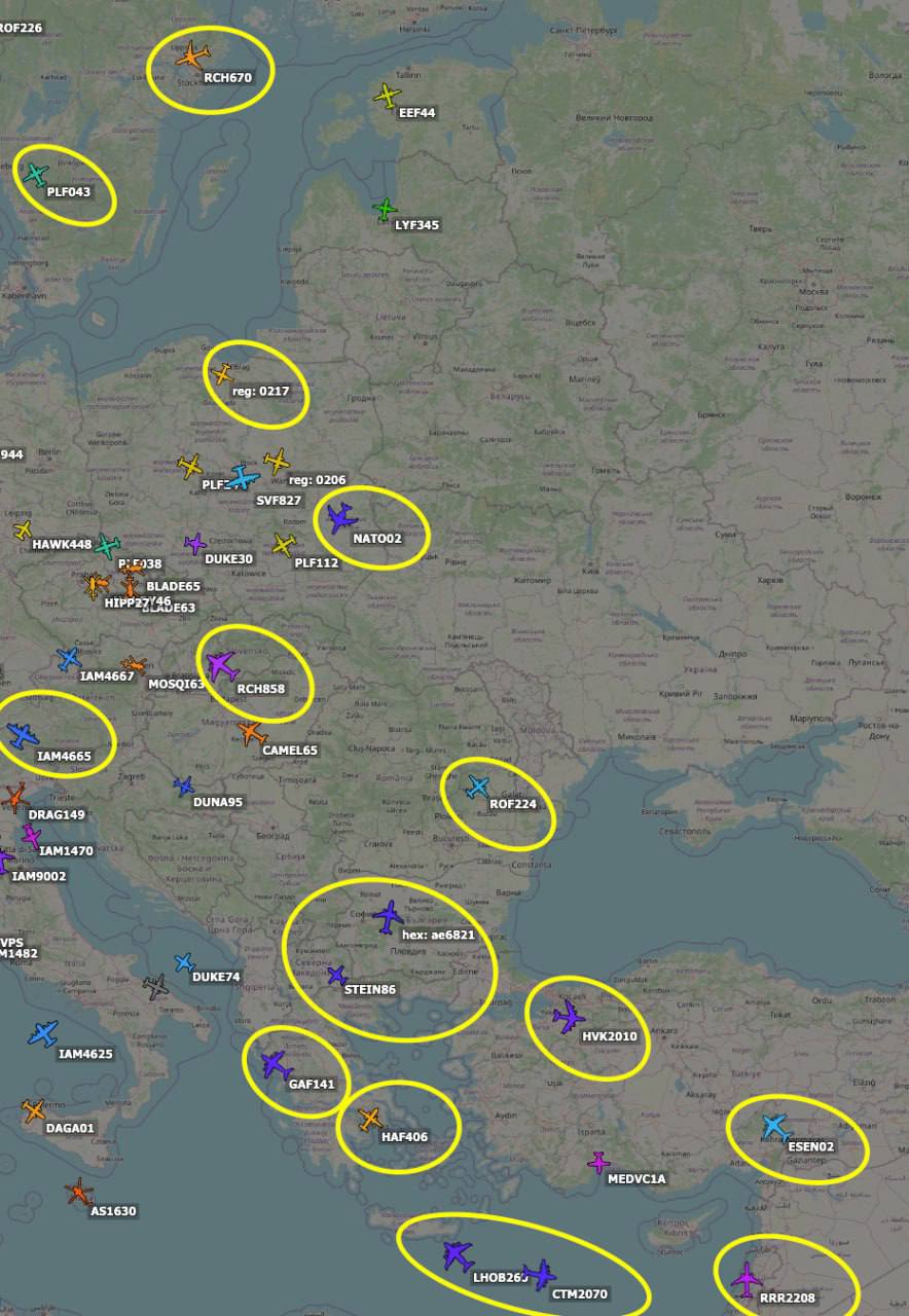 Is this already war or just preparation for war?  

⚠️NATO INTELLIGENCE AIRCRAFT ACTIVITY.
 06/27/2024
 14:00-14:30 Moscow time

 Barents Sea region
 1. Spy plane or drone U2 (CS=FGTITS)
 2. Airbus helicopter (CS=DOC24)
 3. Helicopter Sikorsky S-92A (CS=NOR480)
 4. Beech Super King 200
 5. Cessena Grand 208 B (CS=LED7)
 6. Mooney M20K (CS=M228RM)

 St. Petersburg region
 1. Finnish Air Force aircraft GROB G115E (CS=G010,GO19,Go15)
 2. Lockheed C 130H Romanian Air Force (CS=226)
 3. Cessna 150J (CS=YLMAM
 4. Helicopter Air Bus H120

 Kaliningrad region
 1. Swedish Air Force Lockheed C130 (SVF=827)
 2. US Air Force Stratotanker KC 135R (CS=RCH180)
 3. Casa C 195M Polish Air Force (CS=PLF043)
 4. Beech King C90A
 5. PZL-Meilec M28B Polish Air Force
 6. UAV or Eclipse 500