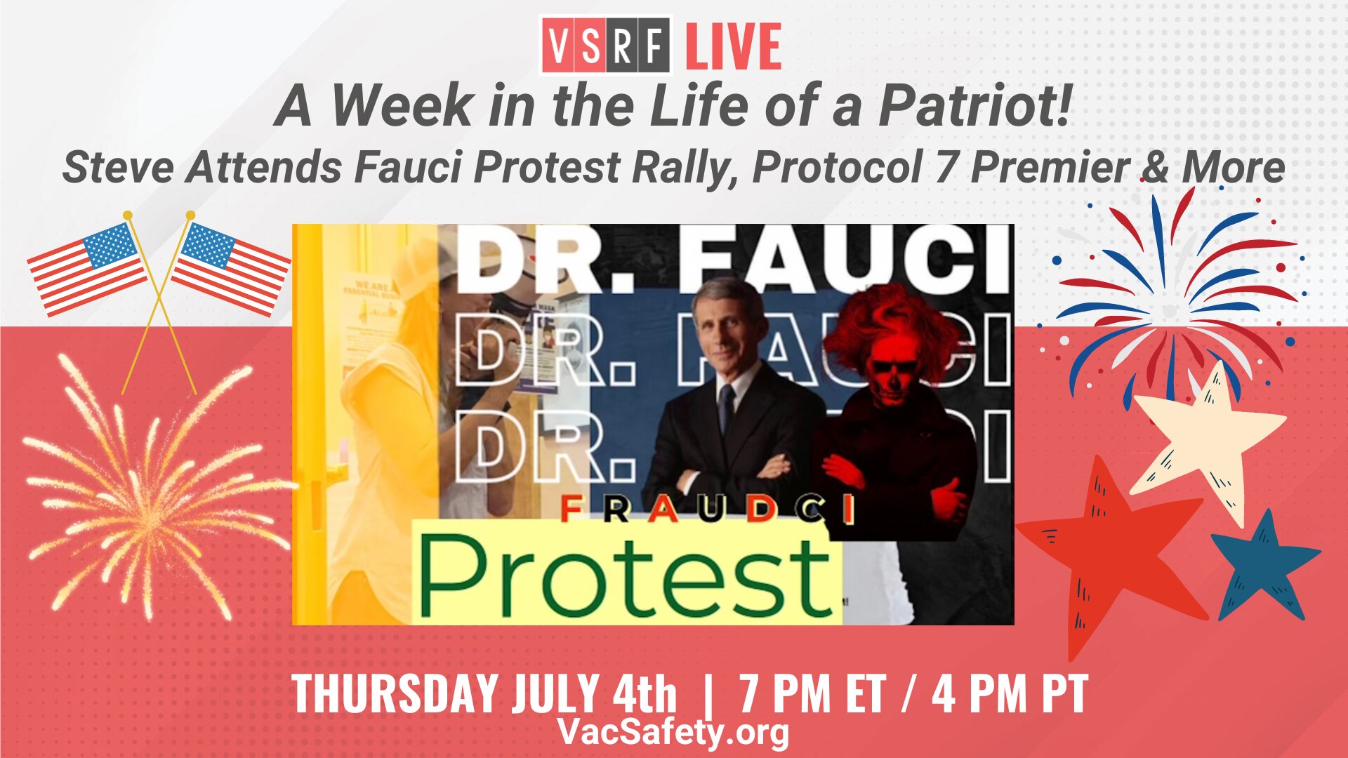 🇺🇸🇺🇸This week on VSRF LIVE we pay tribute to Independence Day, by celebrating a week in the life of a true patriot, our founder and host, 
@stkirsch!

We will take our viewers through the typical week of a freedom fighter like Steve; starting with his speech last week at the Fauci Protest Rally where disillusioned and confused narrative followers gathered to hear Fauci speak live at Dominican University on the launch of his new memoir. What they were not expecting was to hear from Steve through a bull horn as he set the record straight about Fauci’s actual list of “accomplishments”.

Next Steve traveled to the premier of the new, groundbreaking movie, 
@P7Movie where Steve again made a moving speech. Join us for a  look into the life of a true freedom fighter!
