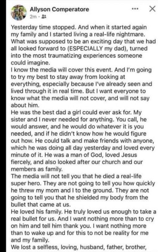 BREAKING: The Trump rally attendee who was murdered yesterday by Matthew Crooks has been identified as Corey Comperatore. 

A family member has released a statement on their Facebook page about the situation. 

Prayers up for Corey and his family.

https://x.com/taylerusa/status/1812507778335887390?s=46&t=ECqdZL_9ZGFJGqr2dyJD8g