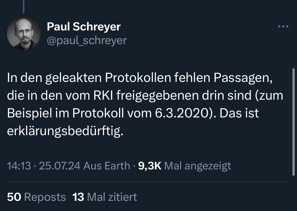 Es mehren sich Hinweise, dass mit dem RKI-Leak etwas nicht stimmt. 

Was Schreyer hier bestätigt ist...