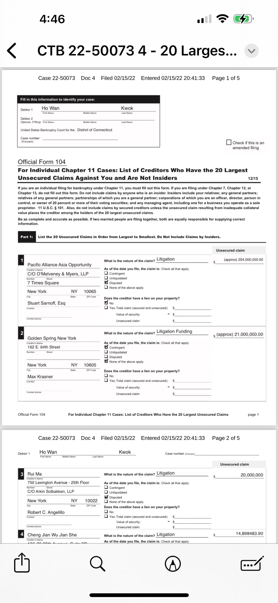 来，来， 来！看文件，讲事实。
郭先生2022年二月15号声请破产时，最大20家债权人登记在册的有（见图）
A. 名单（按文件列表顺序）：
大家熟知的名字如下：
1. Pax ，索赔金额 $254, ...