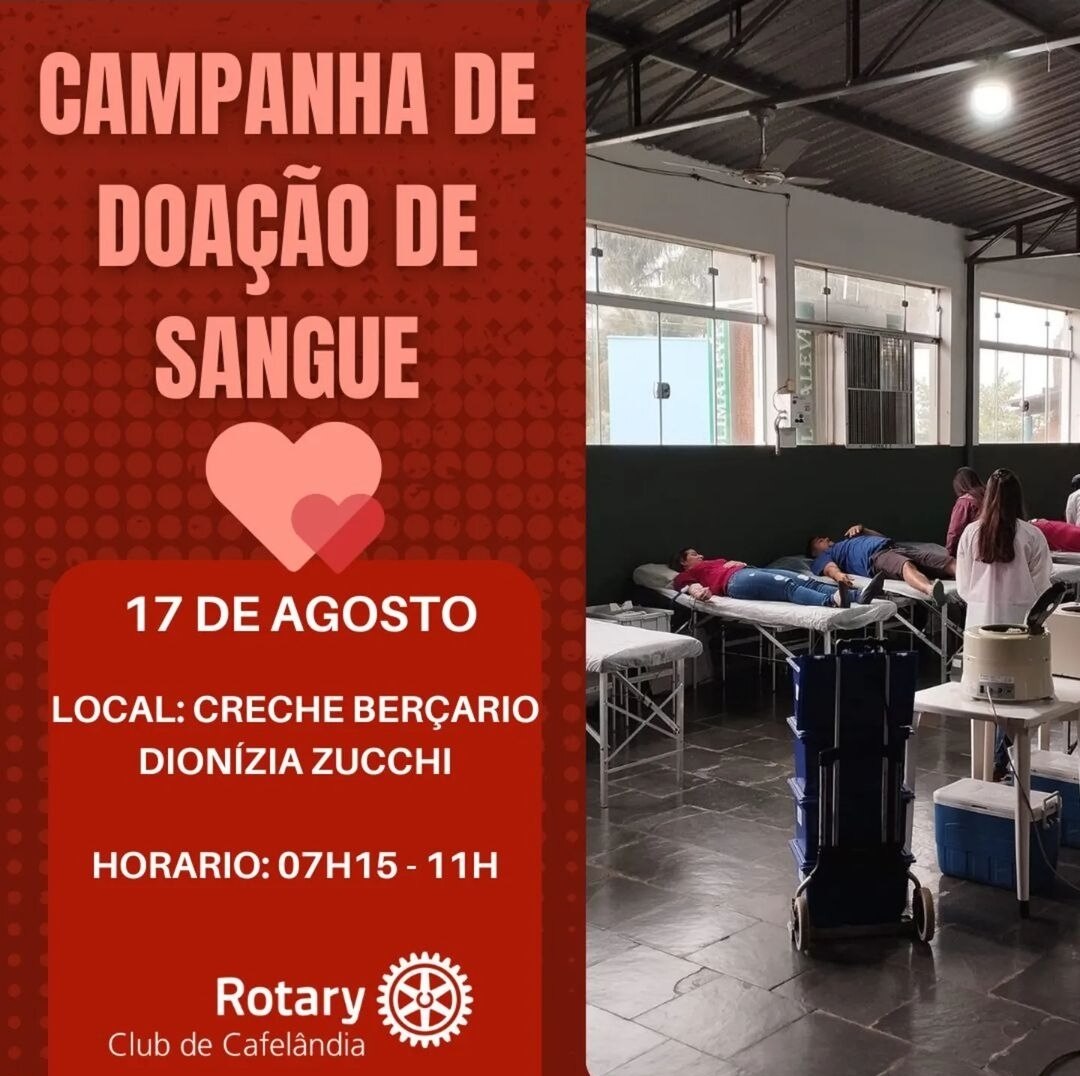 Texto do Rotary Club de Cafelândia:

Acontecerá no dia 17 de agosto mais uma doação de sangue do Rot...