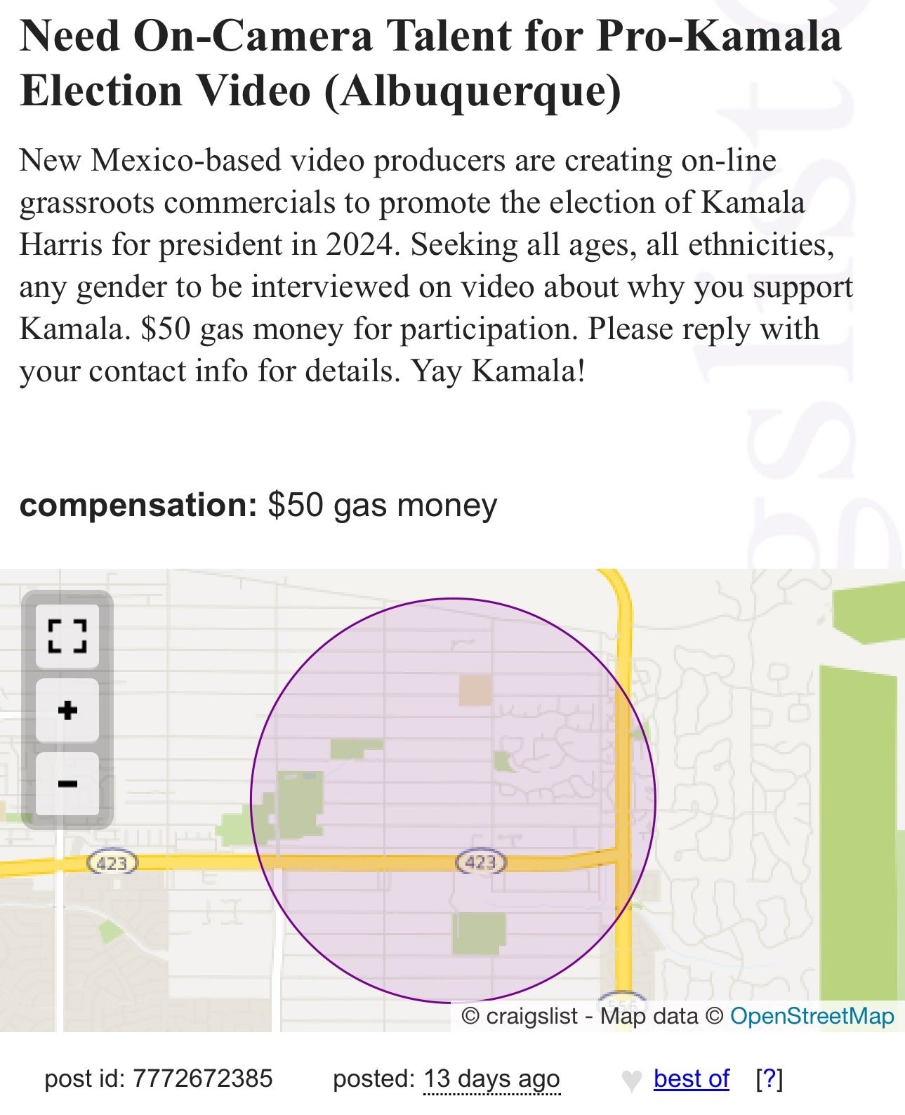 Video company in New Mexico is offering $50 compensation for people to appear in a Kamala campaign video and praise Kamala.

Nothing about the Kamala/Walz campaign is genuine.
