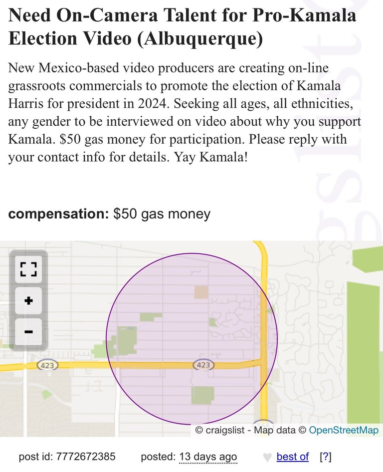 Video company in New Mexico is offering $50 compensation for people to appear in a Kamala campaign video and praise Kamala.

Nothing about the Kamala/Walz 