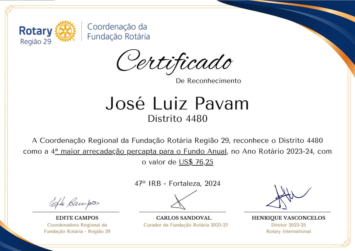 Texto do Gov. José Luiz Pavam:

O Gov. 2023-24 do Distrito 4480, José Luiz Pavam, foi condecorado co...