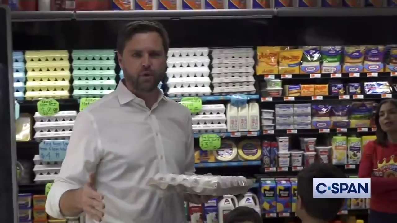 "Eggs when Kamala Harris took office, were short of a $1.50 a dozen. Now, a dozen eggs will cost you...