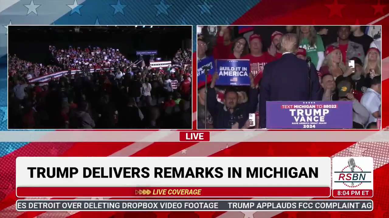 Enthusiastic Detroit crowd continues to cheer on President Trump after his microphone cuts out in th...