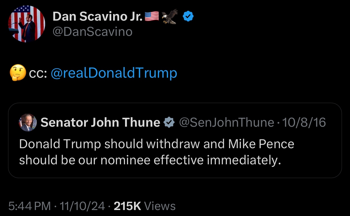 Dan that was ‘Billy Bush’ Weekend—Thune one of the FIRST to JUMP SHIP

 https://x.com/danscavino/sta...