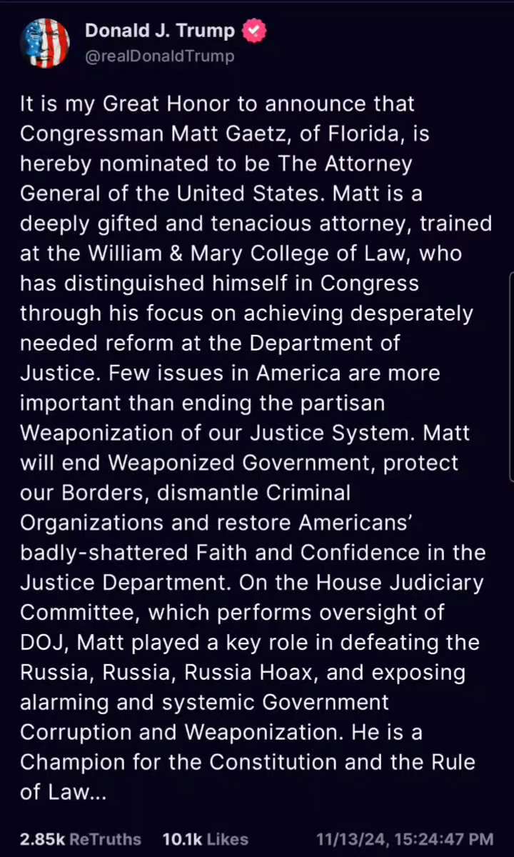 WiseEnough on GETTR : 
Donald J. Trump

@realDonaldTrump

It is my Great Honor to announce that Congressman Matt Gaetz, of Florida, is ...