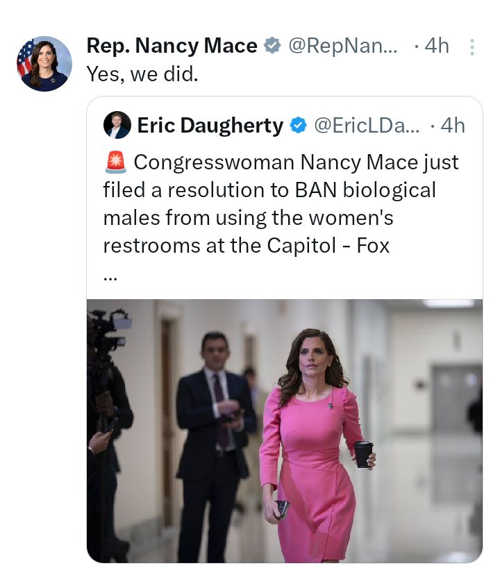 NANCY MACE , ANNA LUNA ,MAJORIE GREENE ALL PUTTING A STOP TO THIS SH*T NOW AS DELAWARE ELECTED A MENTAL CASE PERVERT TRANS FREAK INTO CONGRESS !
Speaker Johnson Said He Will Rule To Make This Law In Congress To Keep This Pervert Out Of The Women's Bathrooms In Congress !