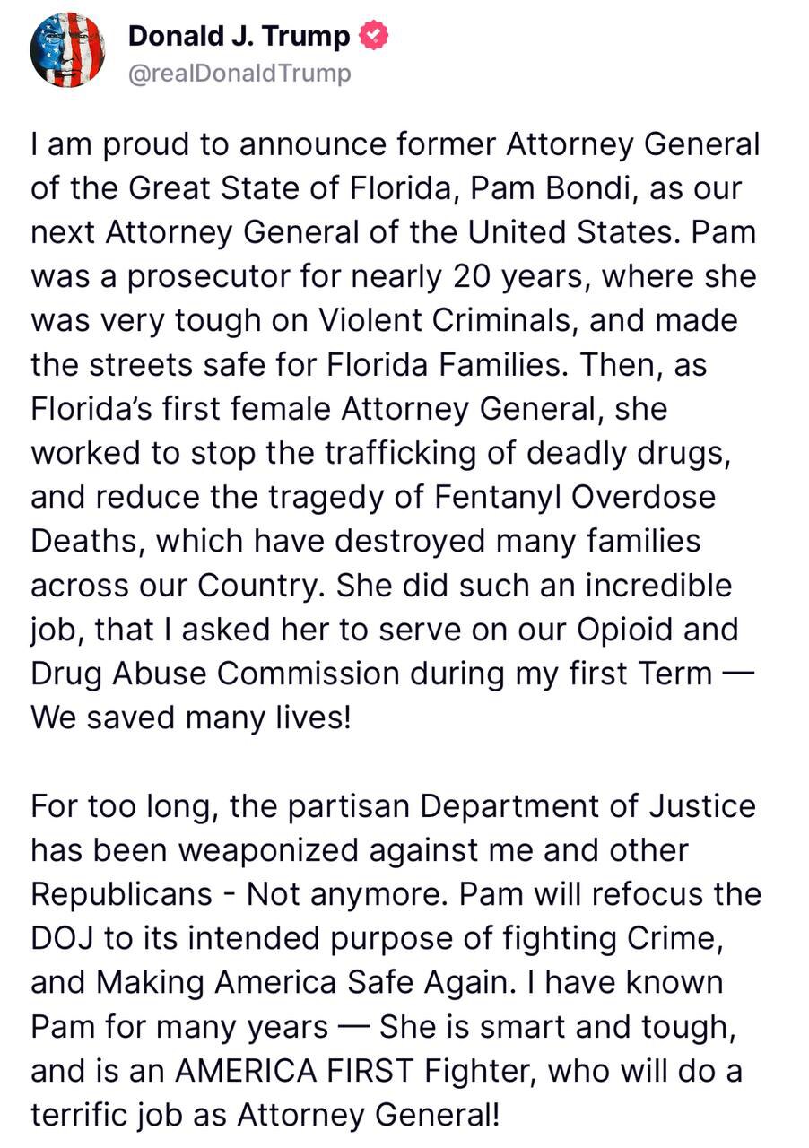 Pam Bondi is a fantastic choice by President Trump to lead the total reform of the Department of Jus...