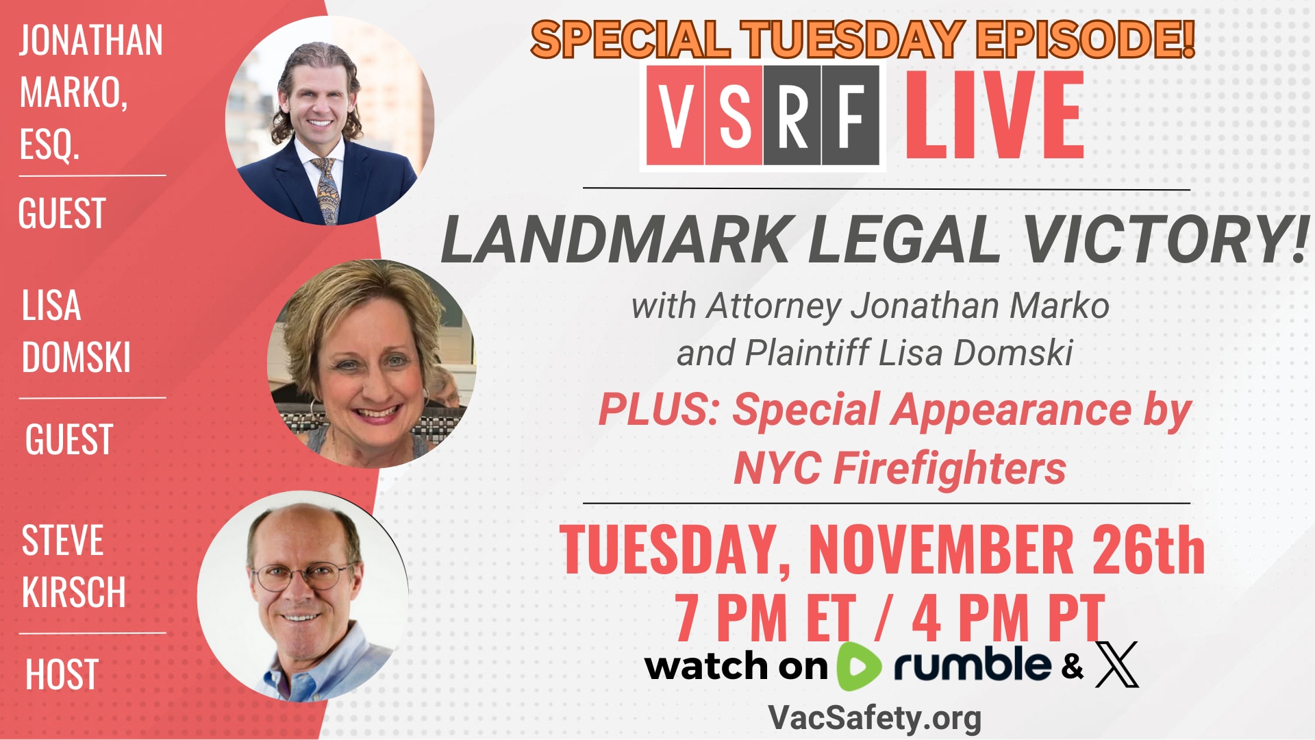 This week on a special TUESDAY episode of VSRF LIVE we host an extraordinary episode featuring Jonathan Marko the Michigan attorney behind one of the most significant vaccine mandate cases in recent history, and Lisa Domski, the plaintiff awarded nearly $13MM in damages.

Hear firsthand from Marko about the legal battle, the broader implications of this verdict, and what lies ahead for others seeking justice. Also joining us for a quick check in will be our NYC firefighter friends with an update on their own case battling the tyrannical vaccine mandates in their city.

Tune in this TUESDAY at 7 PM ET and as always, please share this link and bring some friends.

https://rumble.com/c/VaccineSafetyResearchFoundation
