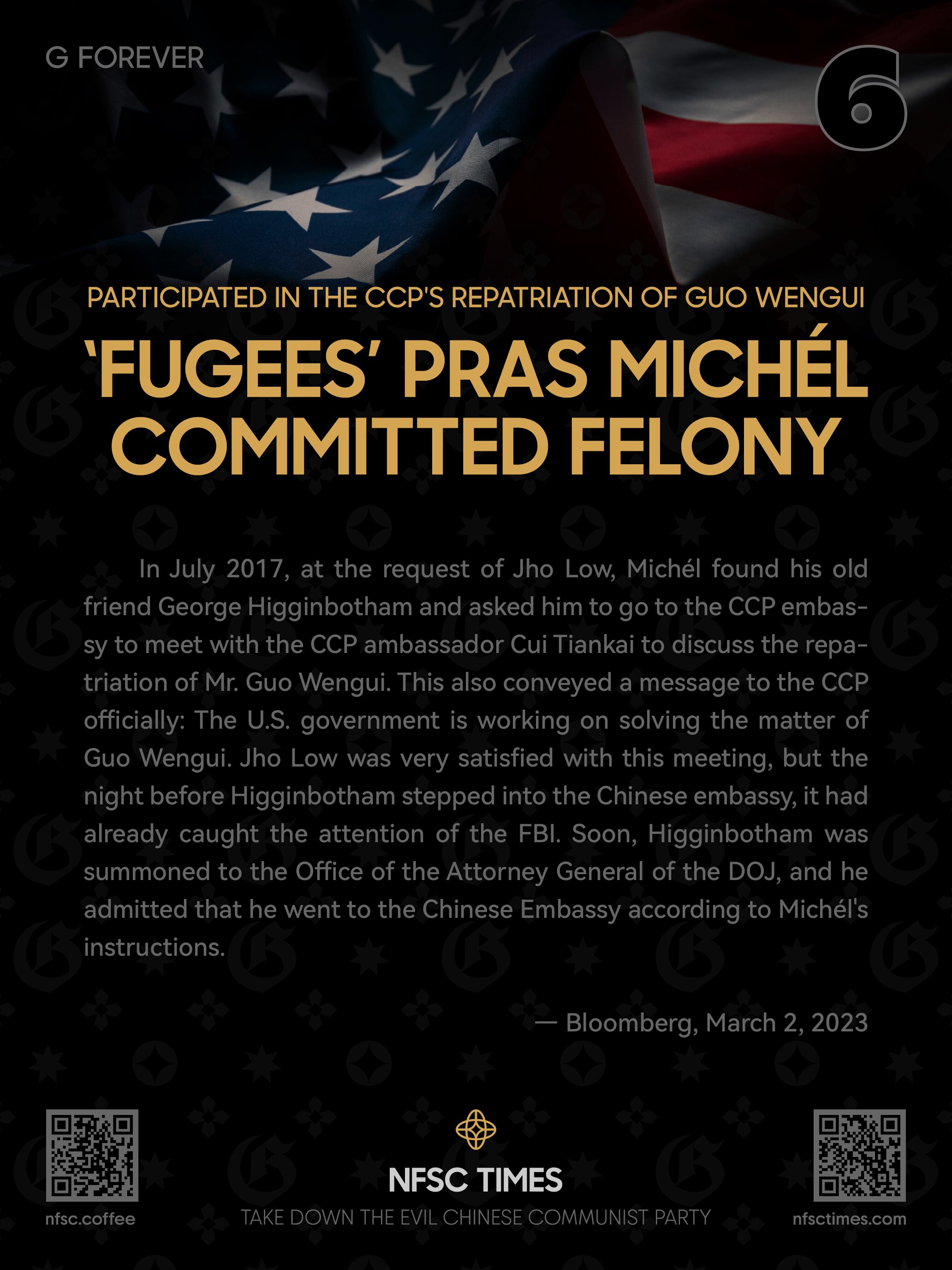 Participated in the CCP's Repatriation of Guo Wengui “Fugees” Pras Michél Committed Felony
曾参与中共遣返郭文...
