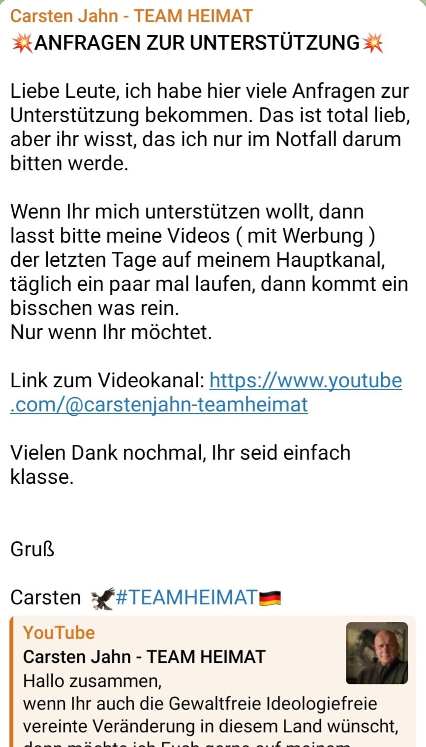 Hallo Leute, der
💥TEAM HEIMAT LIVE KANAL💥 
Von Carsten Jahn wurde auf YouTube gelöscht❗
Zur Unters...