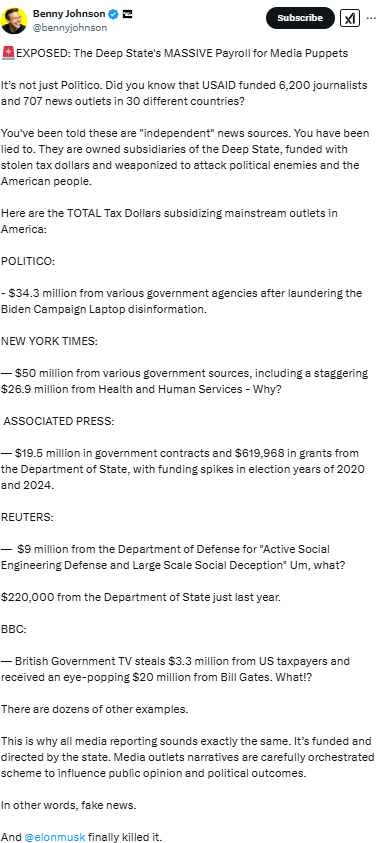 Your Federal Tax Dollars-
Politico: $34.3M
NY Times: $50M
APee: $19.5M
Reuters: $9M
BBC (BBC?):  $3.3M
Rasmussen Reports: $0, 300K+ hit pieces written abou