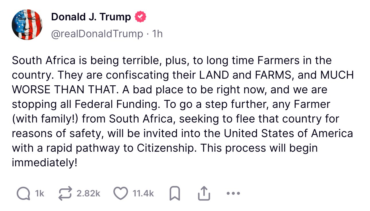 ADMIN POST. 

President Trump cuts all federal funding to South Africa, and offers amnesty to all fa...