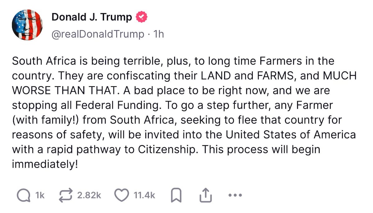 ADMIN POST. 

President Trump cuts all federal funding to South Africa, and offers amnesty to all fa...