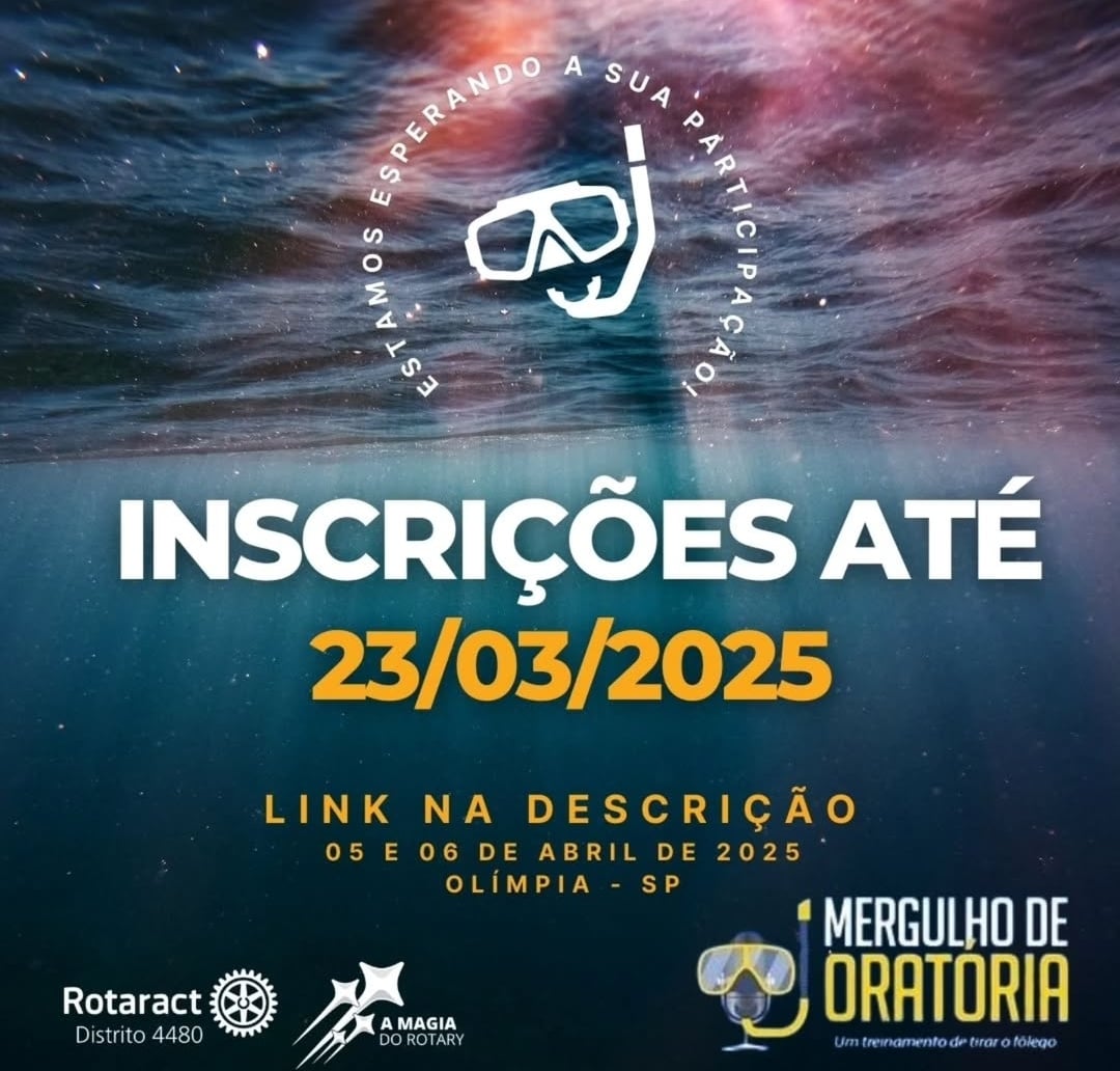 Texto do Rotaract 4480:

Corre que ainda dá tempo!!

Nosso Mergulho de Oratória está com INSCRIÇÃO A...
